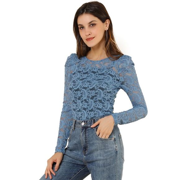 Semi Sheer Puff Long Sleeve Embroidery Blouse Lace Top Blue - Picture 1 of 6